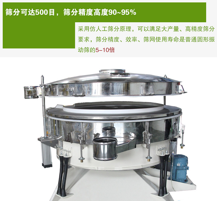 搖擺篩分機(jī)采用仿人工篩分原理，可以滿足大產(chǎn)量、高精度篩分 要求，篩分精度、效率、篩網(wǎng)使用壽命是普通圓形振 動(dòng)篩的5-10倍